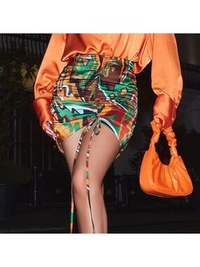 Abstract Multi-Color Ruched Mini Skirt - Orange/Green Print